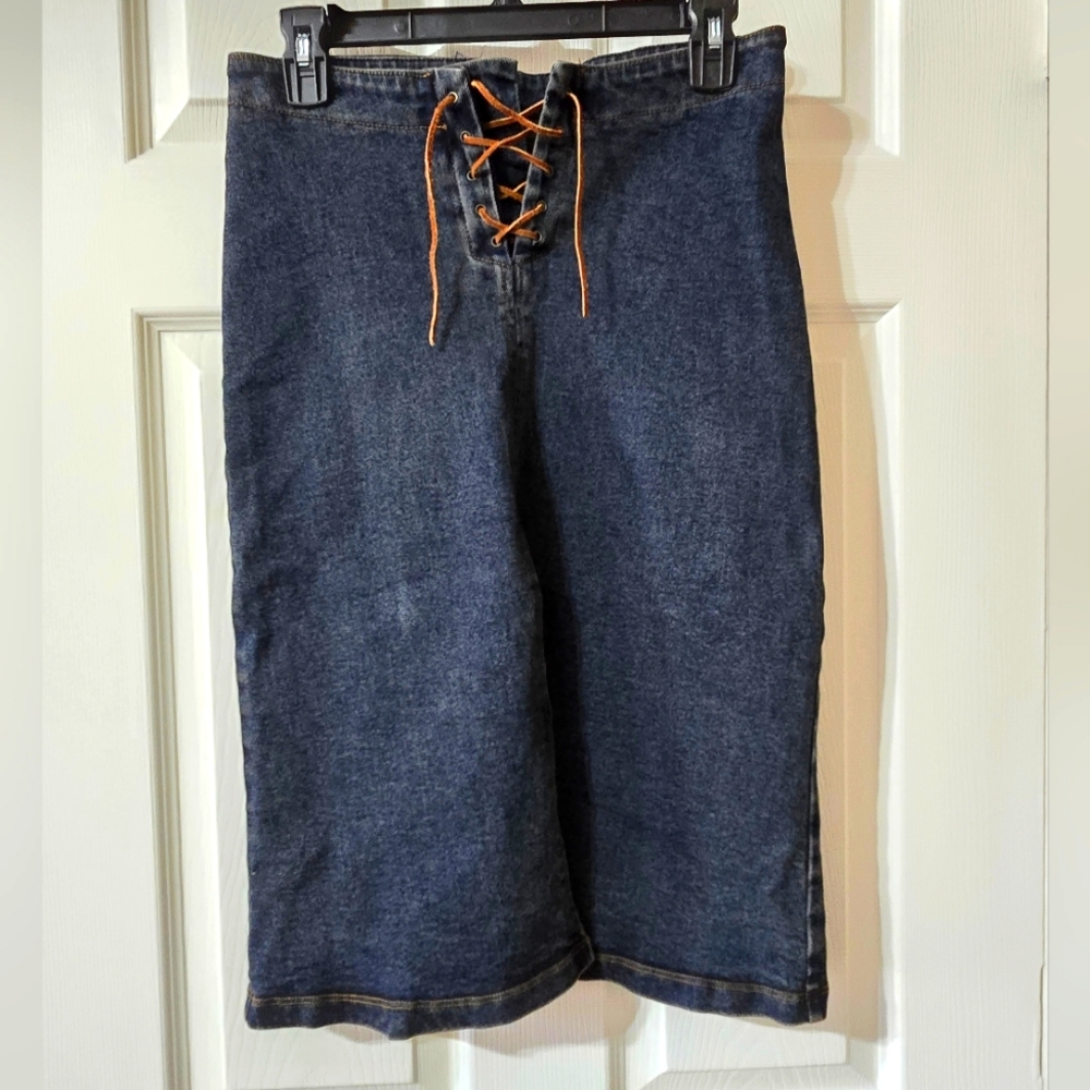 Vintage 90s Forever 21 Denim Pencil Skirt, Faux Suede Lace-Up Close w/ Stretch.